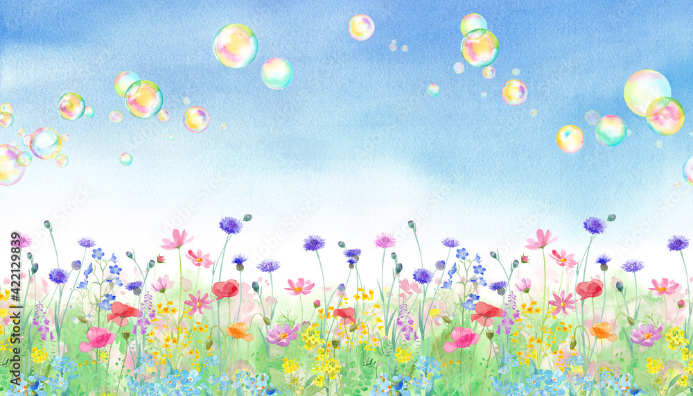 シャボン玉が飛び様々な花が咲き乱れる 春の野原の水彩イラスト バナー背景 Stock Illustration Adobe Stock シャボン玉が飛び様々な花が咲き乱れる 春の野原の水彩イラスト バナー背景 Stock Illustration Adobe Stock