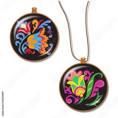 A badge, a medallion on a string with a folk plant ornament, can be used for packaging design, web pages, postcards, stickers. Vector
