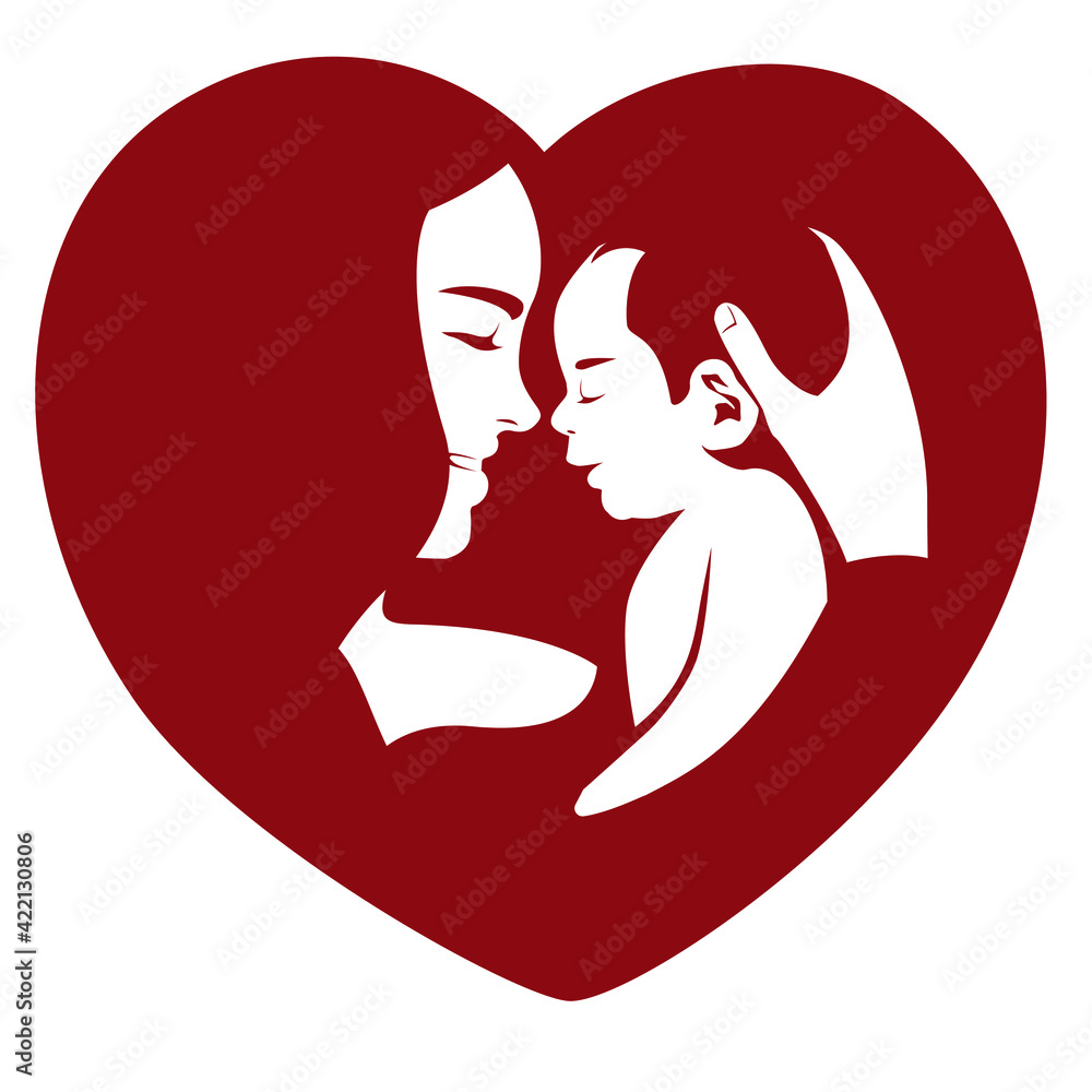 A loving mother holding her small child in her arms against a large heart. The concept of a mother's love. Motherhood logo. Stock vector illustration. A loving mother holding her small child in her arms against a large heart. The concept of a mother's love. Motherhood logo. Stock vector illustration.