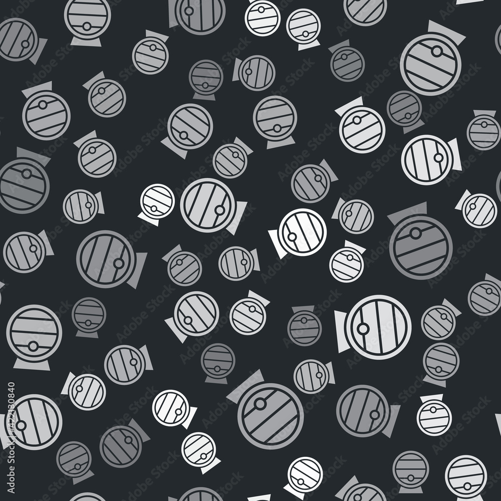 Grey Wooden barrel on rack with stopcock icon isolated seamless pattern on black background. Vector Grey Wooden barrel on rack with stopcock icon isolated seamless pattern on black background. Vector