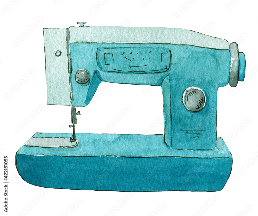 Watercolor illustration of a turquoise sewing machine, on white background