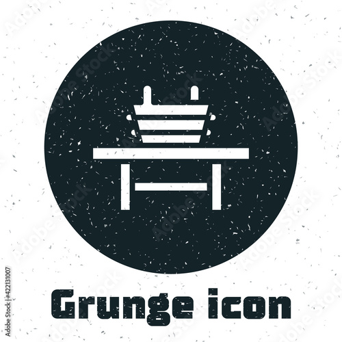 Grunge Sauna bench with bucket icon isolated on white background. Monochrome vintage drawing. Vector