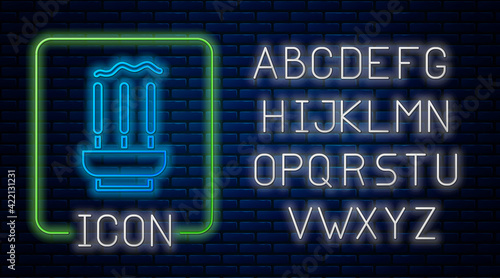 Glowing neon Burning aromatic incense sticks icon isolated on brick wall background. Neon light alphabet. Vector