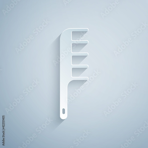 Paper cut Hairbrush icon isolated on grey background. Comb hair sign. Barber symbol. Paper art style. Vector