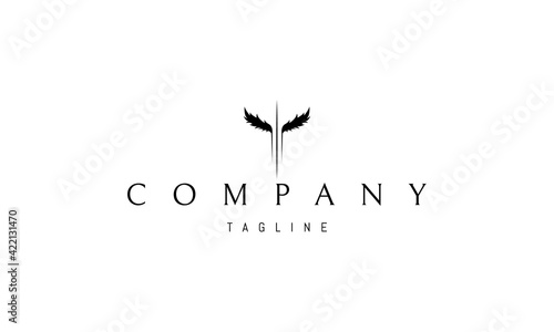 Vector logo on which an abstract image of wings with a spear in the middle.