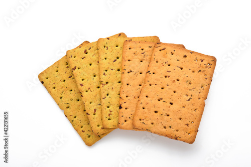 Cracker with flax seeds and oat bran rectangular shape for healthy, dietary and balanced diet isolated on white background. Snack for proper nutrition.