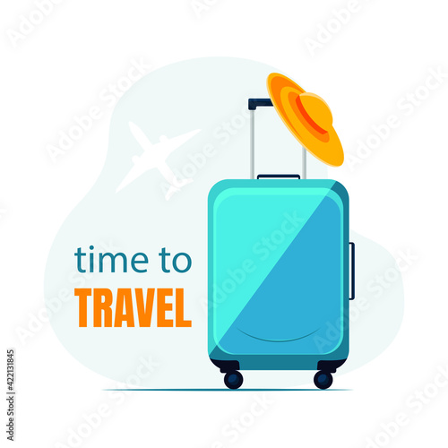 Time to travel poster. Blue valise and hat.