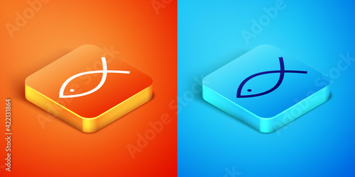 Isometric Christian fish symbol icon isolated on orange and blue background. Jesus fish symbol. Vector