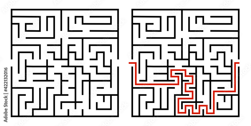 Abstract maze. Find right way. Isolated simple square maze black line on white background. Vector illustration. Abstract maze. Find right way. Isolated simple square maze black line on white background. Vector illustration.