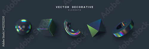 Set of 3d render primitives. Realistic 3d sphere, torus, cone, cube, tube. Glossy holographic geometric shapes isolated on dark background. Iridescent trendy design, thin film effect. Vector.