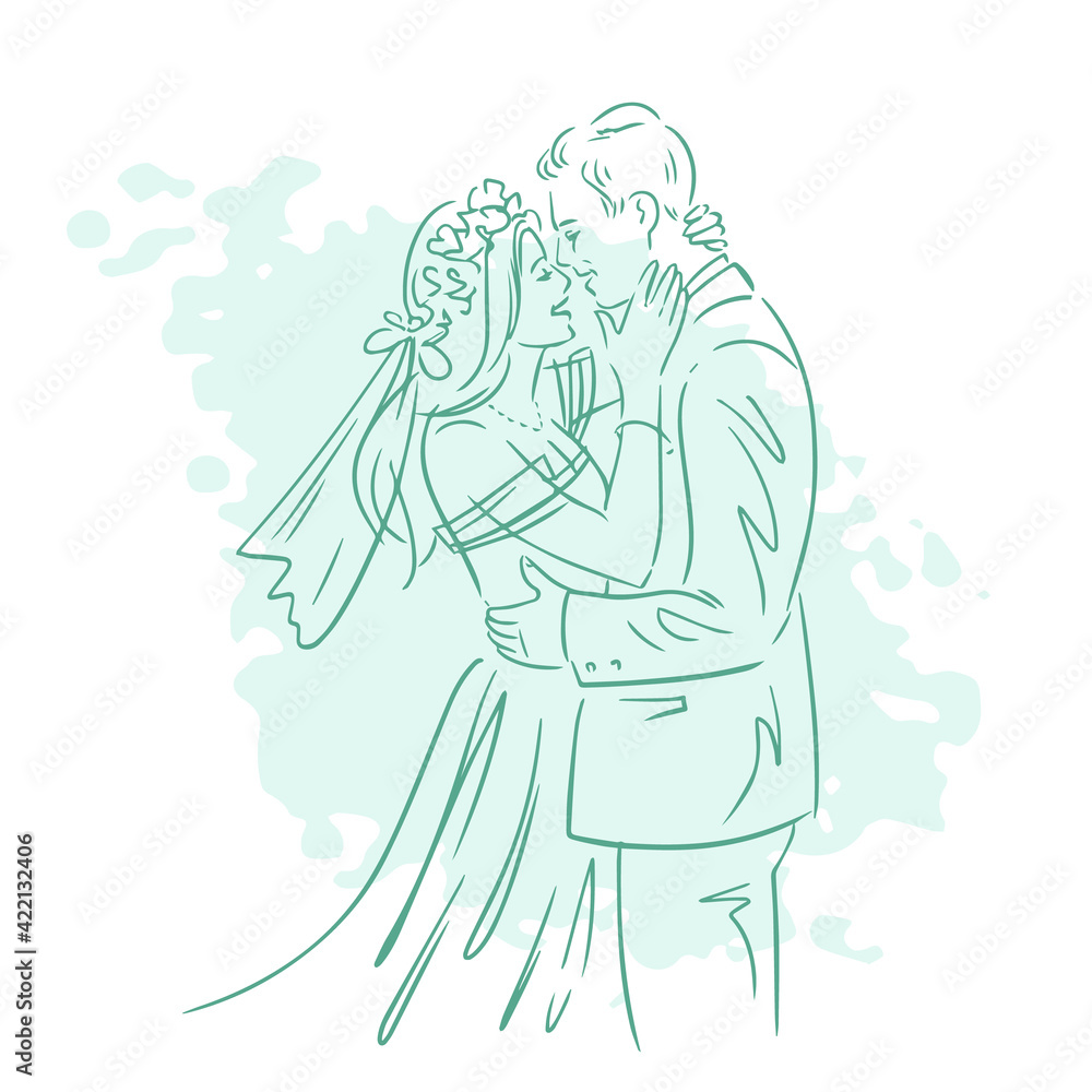 Silhouette of bride and groom, wedding invitation. Green Outlines of a person silhouette. Hand-drawn vector illustration. Isolated on white. Silhouette of bride and groom, wedding invitation. Green Outlines of a person silhouette. Hand-drawn vector illustration. Isolated on white.