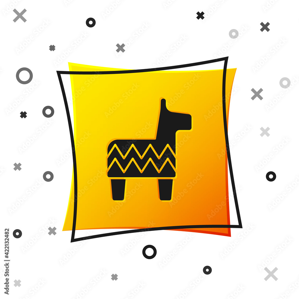 Black Pinata icon isolated on white background. Mexican traditional birthday toy. Yellow square button. Vector Black Pinata icon isolated on white background. Mexican traditional birthday toy. Yellow square button. Vector