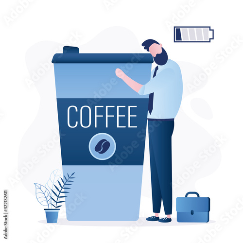 Coffee break time, concept banner. Tired worker hugs big coffee cup. Male office worker with low battery charge.