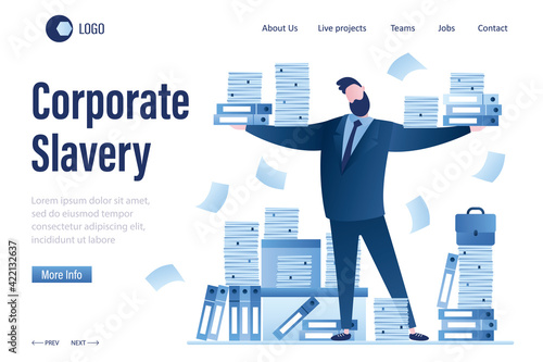 Corporate slavery, landing page template. Huge heap of paper files, folders. Sad overworked businessman.