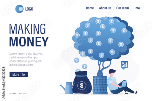 Male investor grows profit plant with dollar coins. Venture fund, investment process. Making money landing page template.