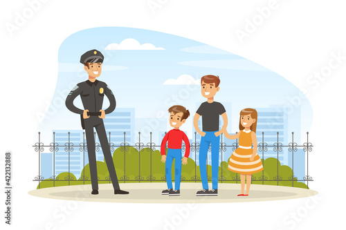 Policeman or Cop as Warranted Law Employee Talking to People Outdoor Vector Illustration