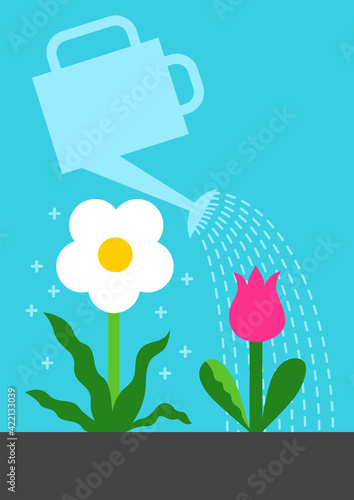 Watering flowers with can. Gardening. Care concept.