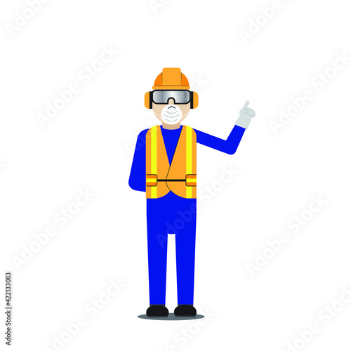 A vector of men wearing personal protective equipment at factory to avoid hazard and coronavirus.