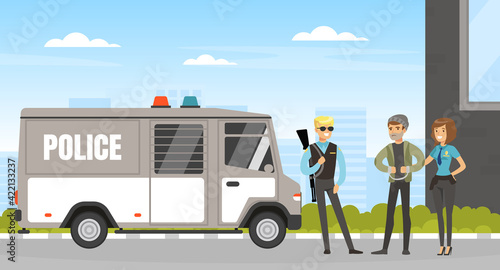 Policewoman Bringing Criminal in Handcuffs to Patrol Wagon Vector Illustration