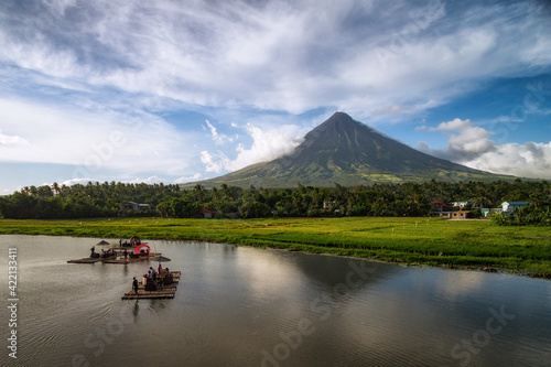 Aerial view of Mount Mayon Volcano and Sumlang Lake near Legazpi City in Albay, Philippines. photo