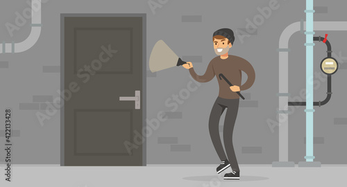 Male Burglar or Robber with Flashlight Breaking Into House Through Door Vector Illustration