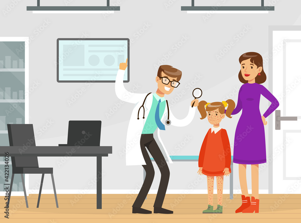 Man Doctor Examining Little Girl with Red Spots Vector Illustration