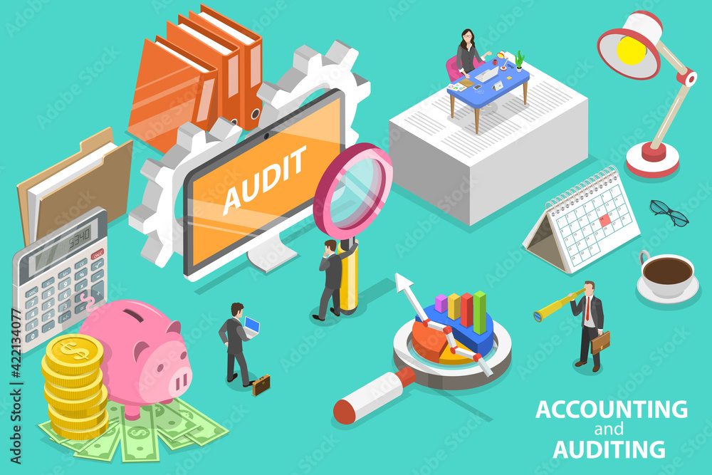 3D Isometric Flat Vector Conceptual Illustration of Accounting and Auditing.