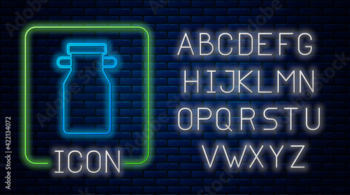 Glowing neon Can container for milk icon isolated on brick wall background. Neon light alphabet. Vector