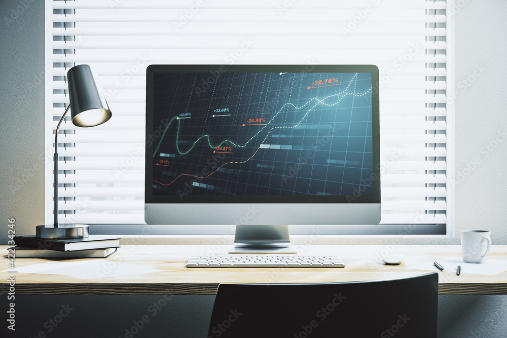 Abstract creative statistics data hologram on modern computer monitor, analytics and forecasting concept. 3D Rendering Abstract creative statistics data hologram on modern computer monitor, analytics and forecasting concept. 3D Rendering