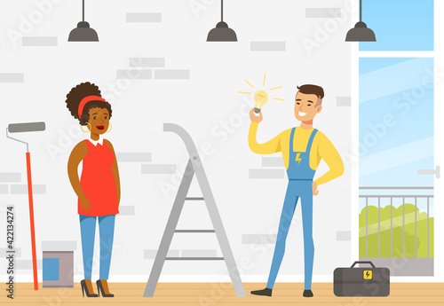 Smiling Man Electrician in Overall Changing Light Bulbs by Client House Vector Illustration