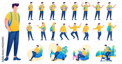 Presentation in various poses and actions character. Young Men. 2D Flat character vector illustration N2