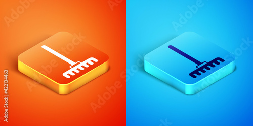 Isometric Garden rake icon isolated on orange and blue background. Tool for horticulture, agriculture, farming. Ground cultivator. Housekeeping equipment. Vector