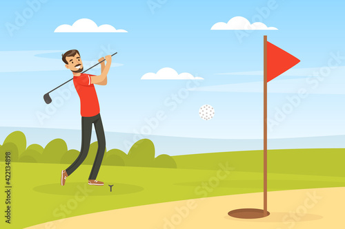 Cheerful Male Playing Golf Hitting Ball into Hole with Club Vector Illustration
