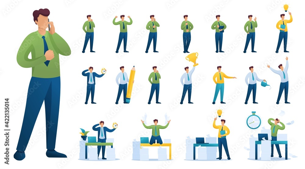 Set of BusinessMan. Presentation in various in various poses and actions. 2D Flat character vector illustration N3