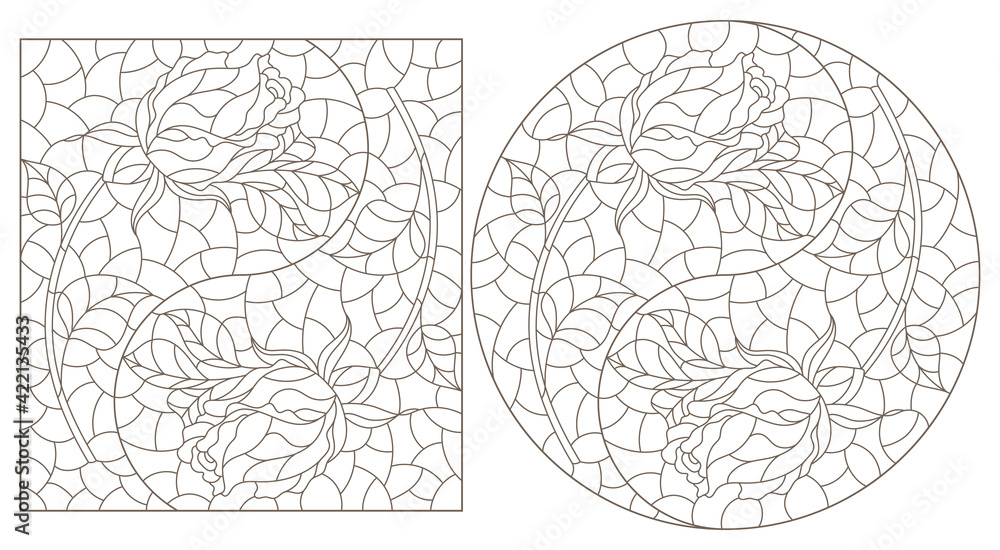 Set of contour illustrations in stained glass style with roses in the Yin Yang sign, dark contours on a white background