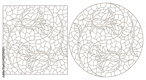 Set of contour illustrations in stained glass style with roses in the Yin Yang sign, dark contours on a white background