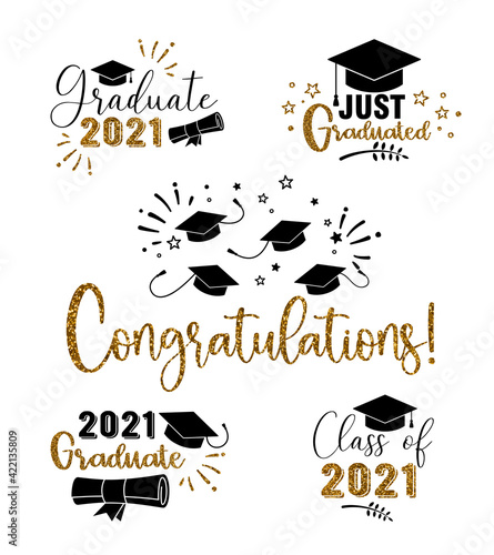 Graduation congratulations at school, university or college . Trendy calligraphy golden glitter inscription