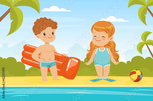 Happy Boy and Girl in Swimwear at Sea Shore with Ball and Inflatable Raft Enjoying Summer Camp Activity Vector Illustration