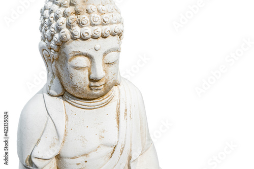 Face of Buddha statue white isolated on white background. Founder of Buddhism. Black and white photo, close up. 