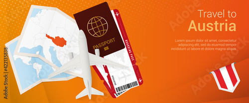 Travel to Austria pop-under banner. Trip banner with passport, tickets, airplane, boarding pass, map and flag of Austria.