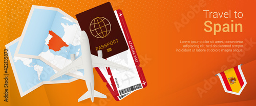 Travel to Spain pop-under banner. Trip banner with passport, tickets, airplane, boarding pass, map and flag of Spain.