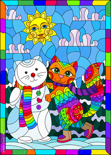 Stained glass illustration with a cute cartoon kitten and a snowman against a winter landscape, a rectangular image in a bright frame