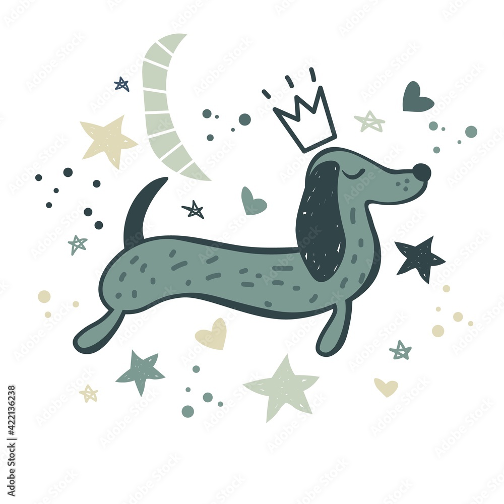 Dog wearing fashion crown, stars, moon. Hand drawn vector illustration. Ready for t-shirt design or party birthday invitation, wrap paper. Dog wearing fashion crown, stars, moon. Hand drawn vector illustration. Ready for t-shirt design or party birthday invitation, wrap paper.