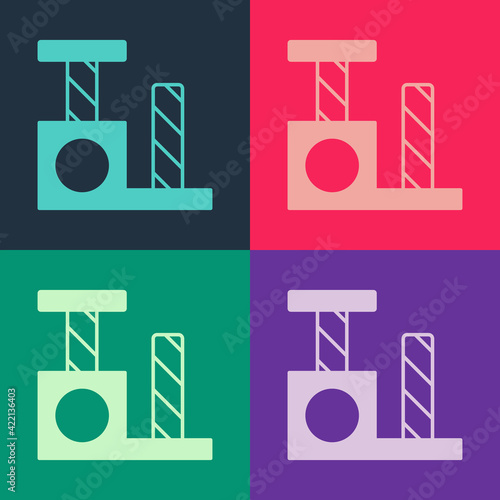 Pop art Cat scratching post with toy icon isolated on color background. Vector