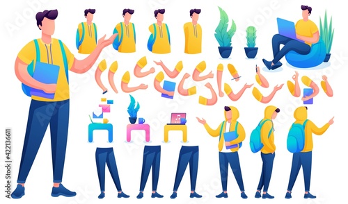 Constructor for creating a Young Men. Create your own Young Men character with a Set of hands and feet. Flat 2D vector illustration N7