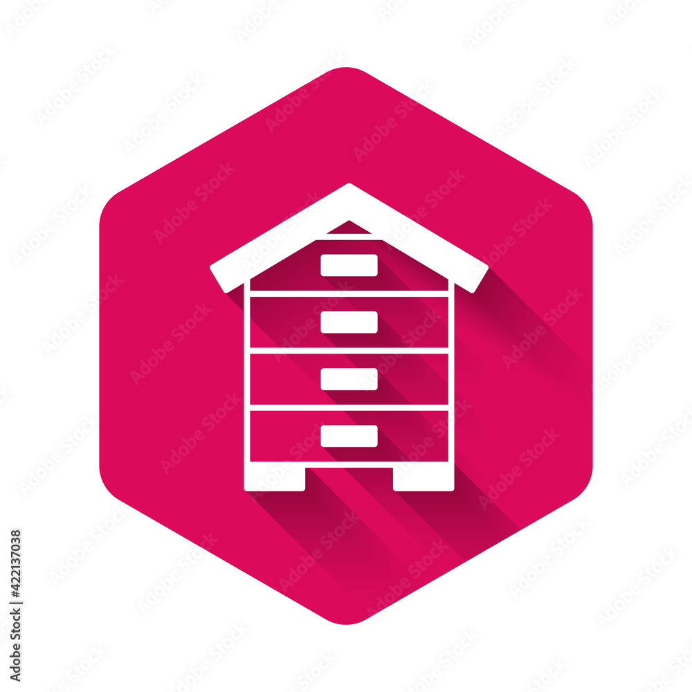 White Hive for bees icon isolated with long shadow background. Beehive symbol. Apiary and beekeeping. Sweet natural food. Pink hexagon button. Vector White Hive for bees icon isolated with long shadow background. Beehive symbol. Apiary and beekeeping. Sweet natural food. Pink hexagon button. Vector