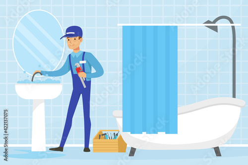Professional Plumber in Blue Uniform Fixing Sanitary Ware Vector Illustration