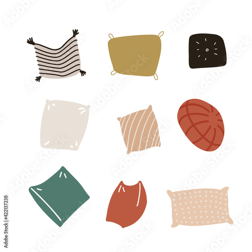 Multi colored cushions set. Home interior textile in scandinavian style. Sofa bed sleep pillows collection. Colorful various shapes design. Isolated flat hand drawn vector illustration
