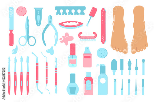 A set of Medical pedicures. The concept of podology. Cartoon style. Vector isolated on a white background.