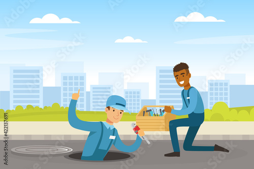Man Plumber Wearing Blue Overall Holding Pipe Wrench Looking Out Manhole Engaged in Fixing Tubes and Pipe Lines Vector Illustration